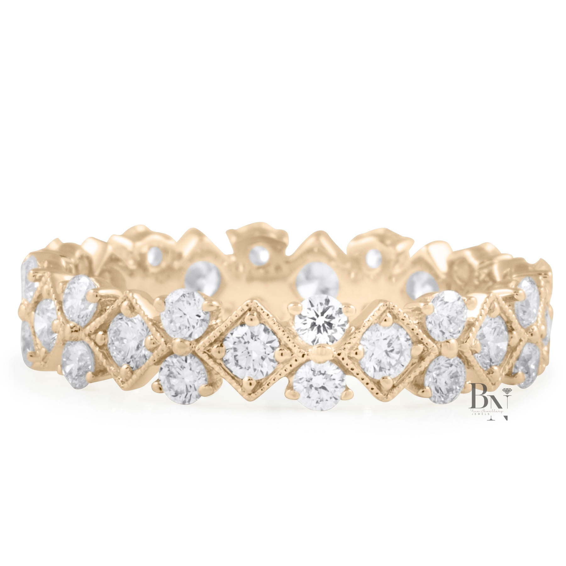 Round Lab Diamond Eternity Band, 1 Carat Milgrain Bezel Ring, 14K Gold Vintage Bridal Stacking Band