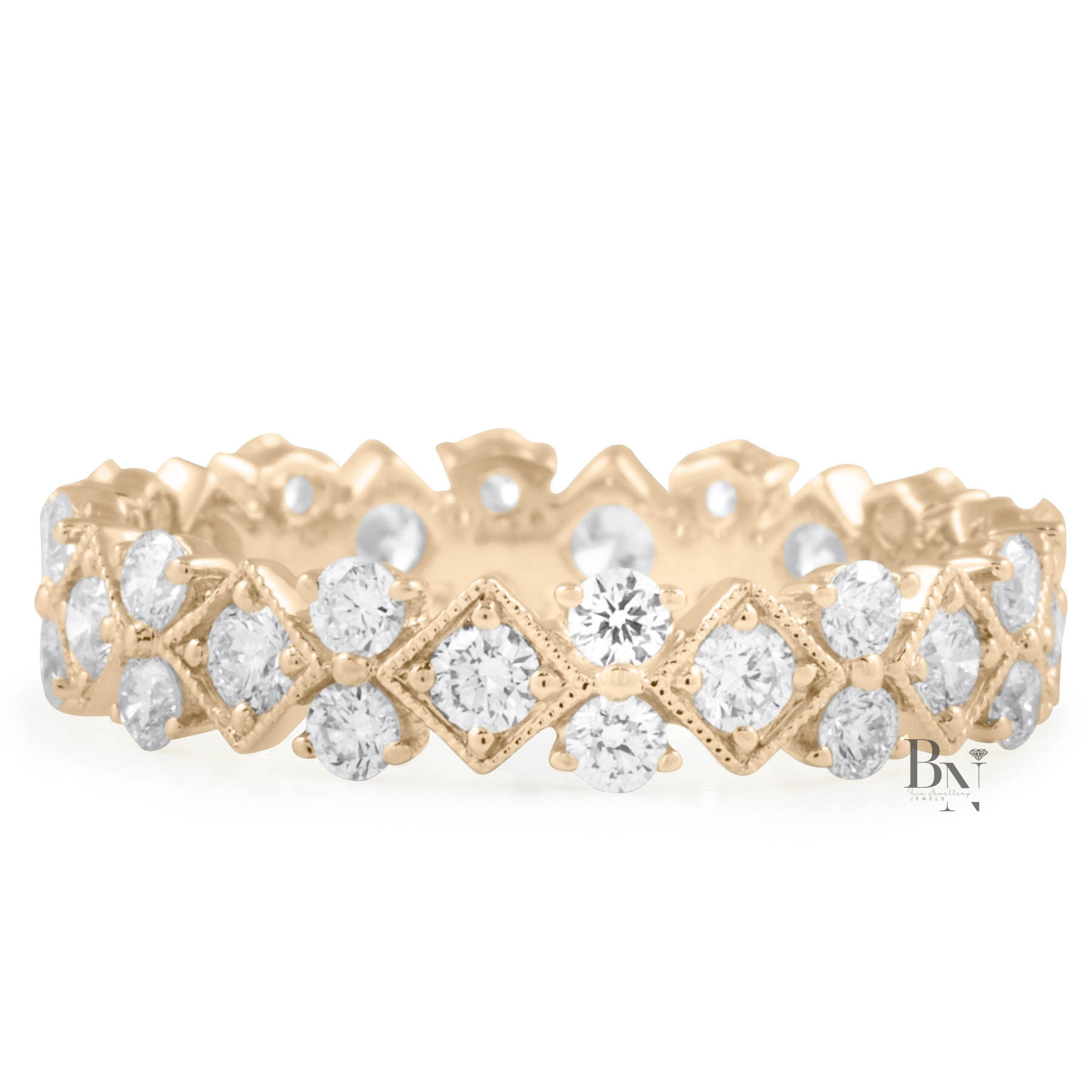 Round Lab Diamond Eternity Band, 1 Carat Milgrain Bezel Ring, 14K Gold Vintage Bridal Stacking Band