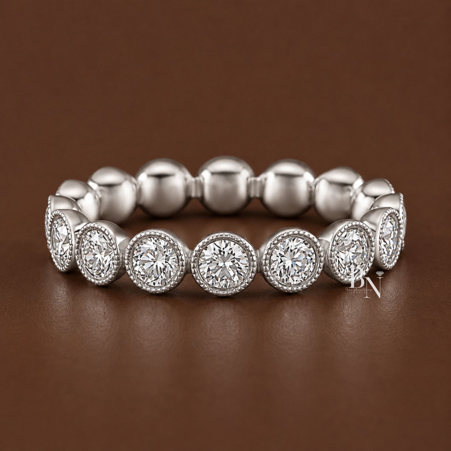 Round Lab Diamond Eternity Band, 1.59 Carat Milgrain Bezel Ring, 14K White Gold Bridal Stacking Band