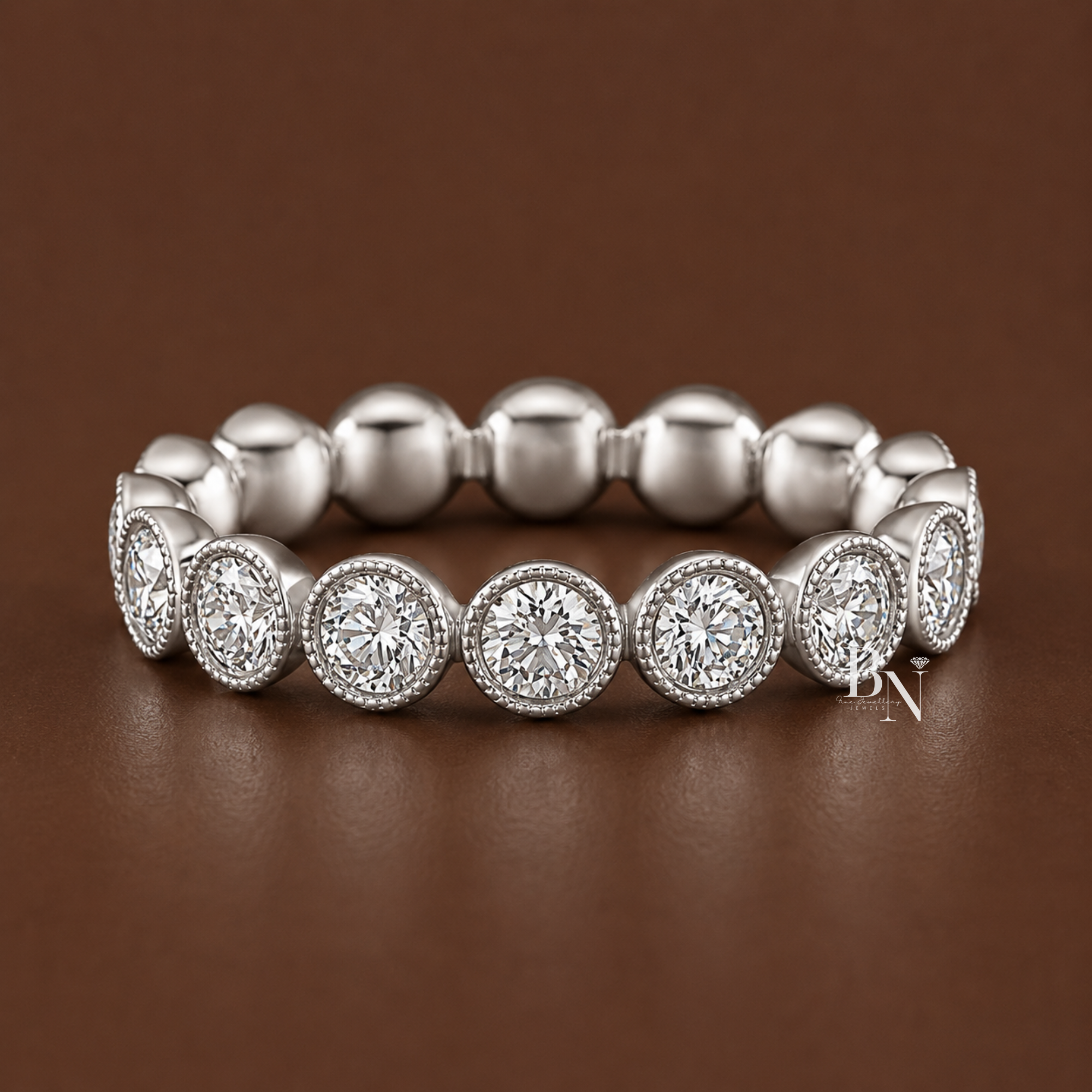 Round brilliant cut lab diamond full eternity band featuring a 3.5mm wide bezel setting edged with vintage milgrain. Showcasing 1.59 carats in 14K white gold, this elegant bridal stacking ring is displayed both isolated and styled on a hand.