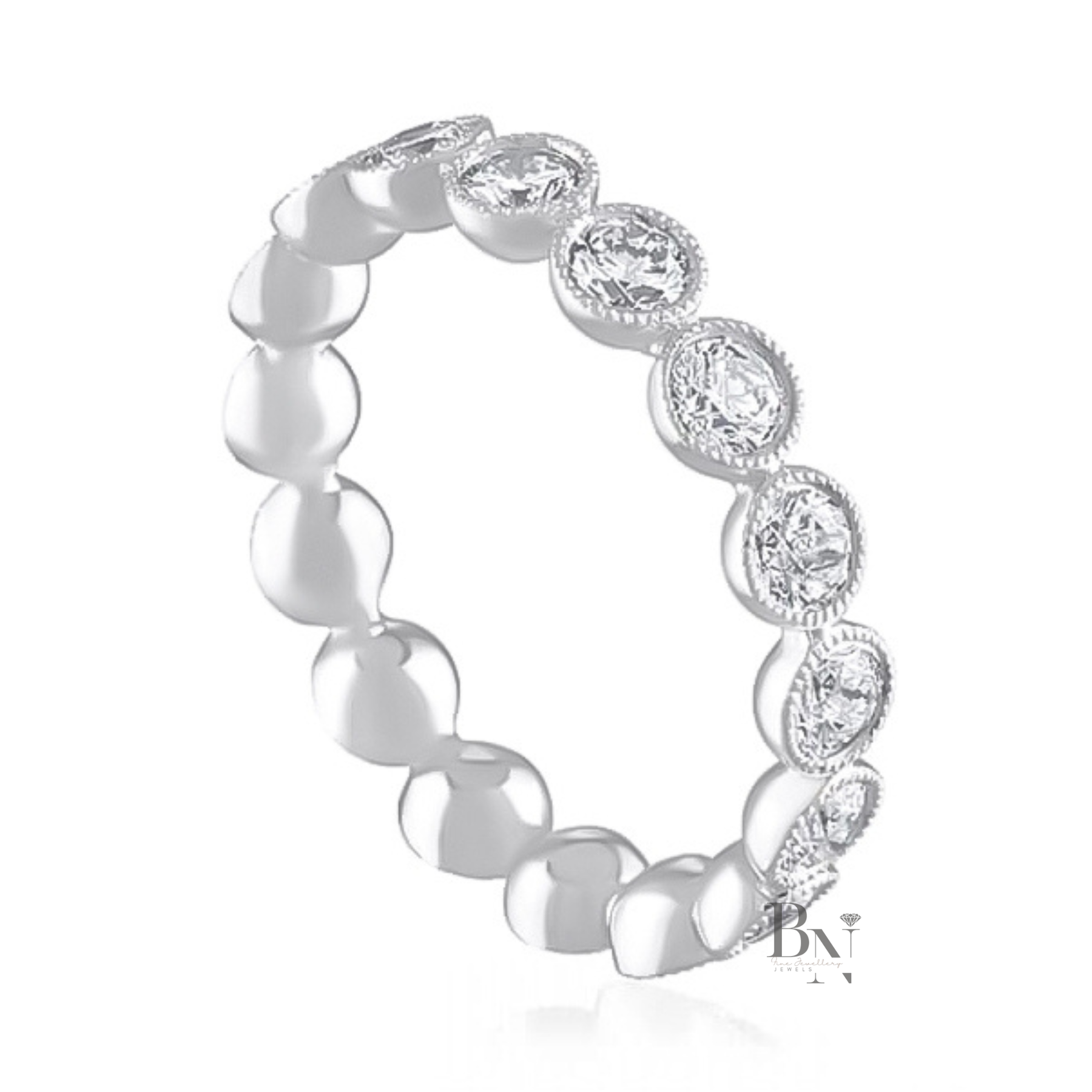 Round Lab Diamond Eternity Band, 1.59 Carat Milgrain Bezel Ring, 14K White Gold Bridal Stacking Band