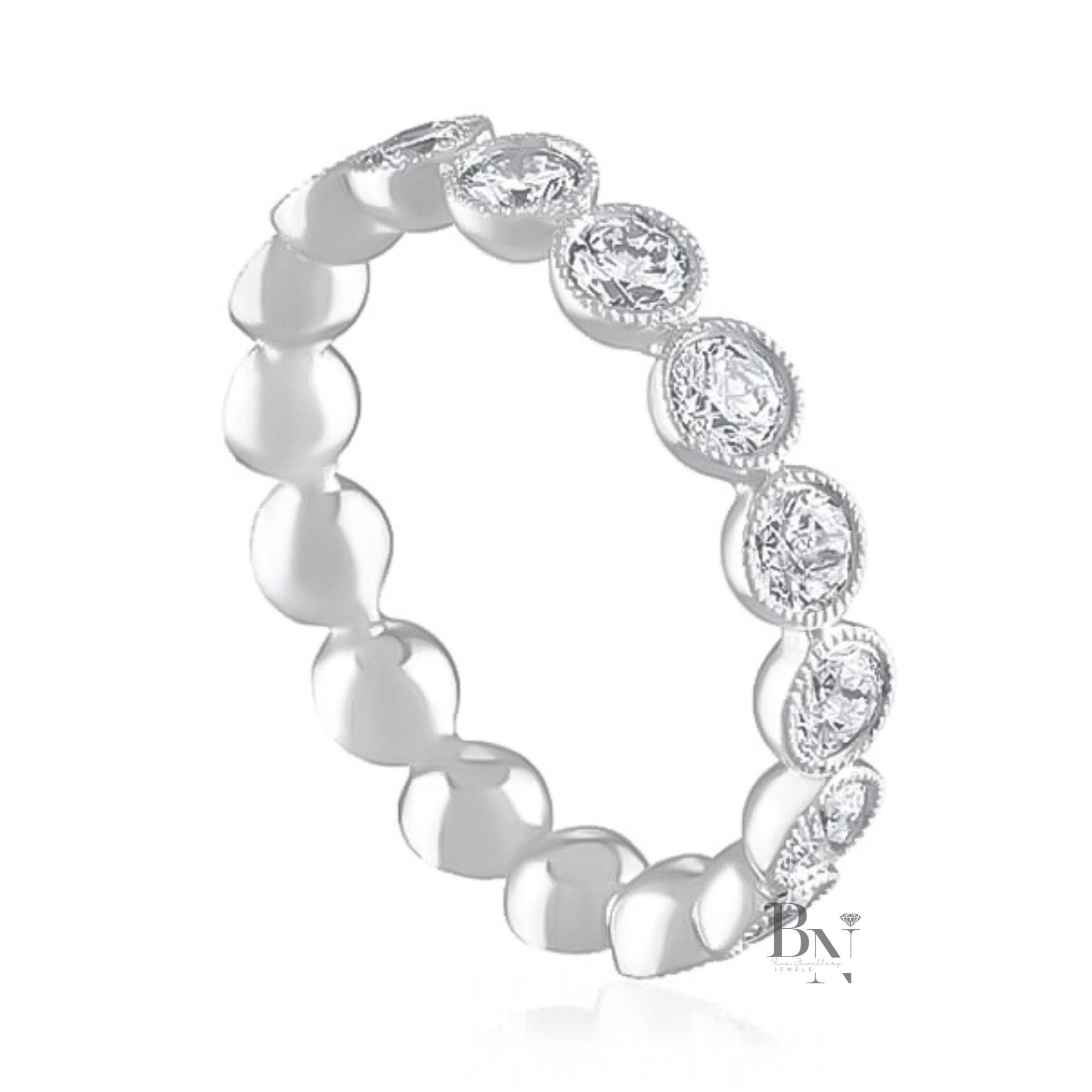 Round Lab Diamond Eternity Band, 1.59 Carat Milgrain Bezel Ring, 14K White Gold Bridal Stacking Band