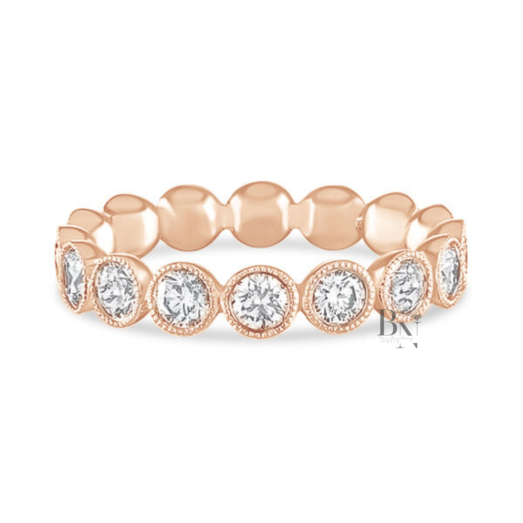 Round Lab Diamond Eternity Band, 1.59 Carat Milgrain Bezel Ring, 14K White Gold Bridal Stacking Band