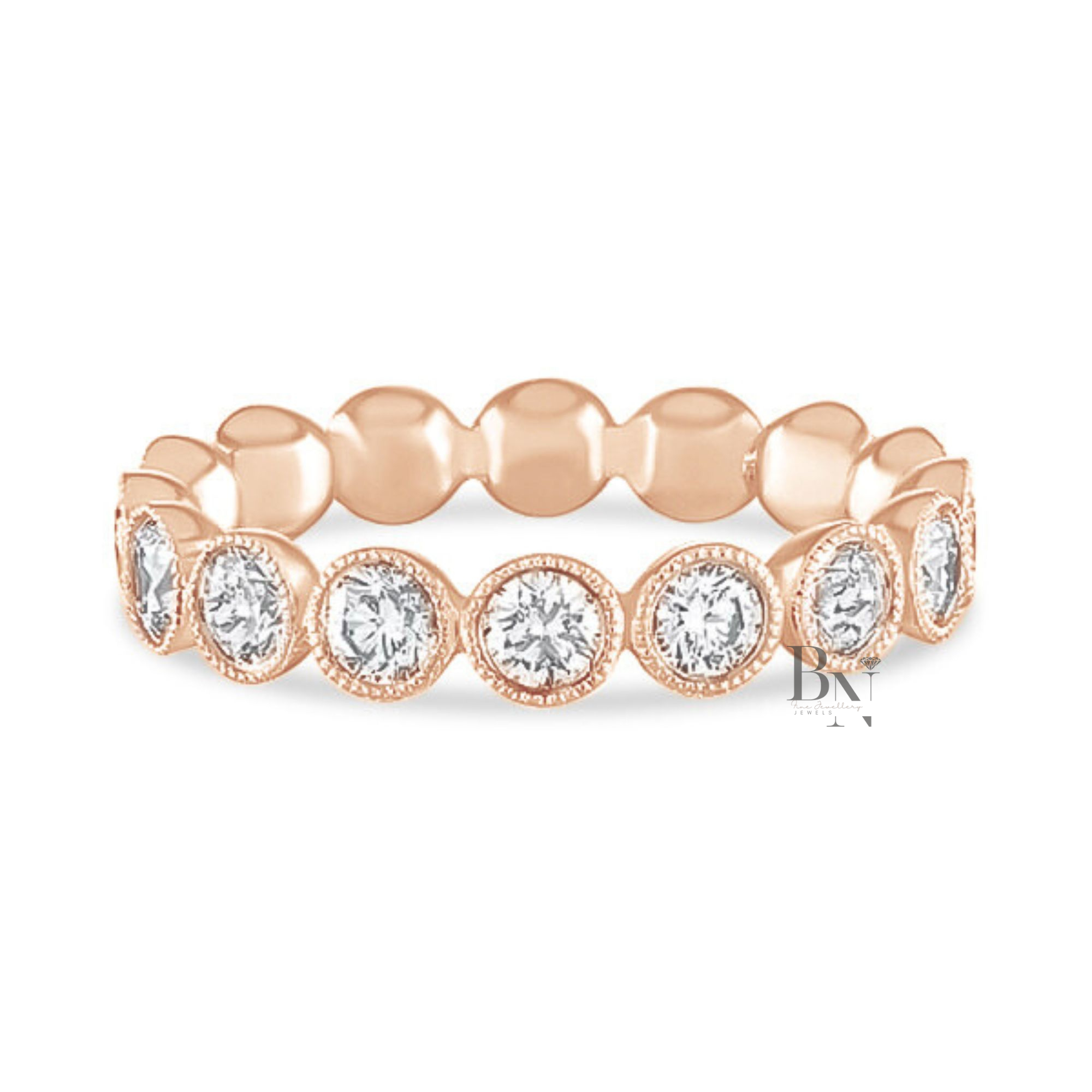 Round Lab Diamond Eternity Band, 1.59 Carat Milgrain Bezel Ring, 14K White Gold Bridal Stacking Band
