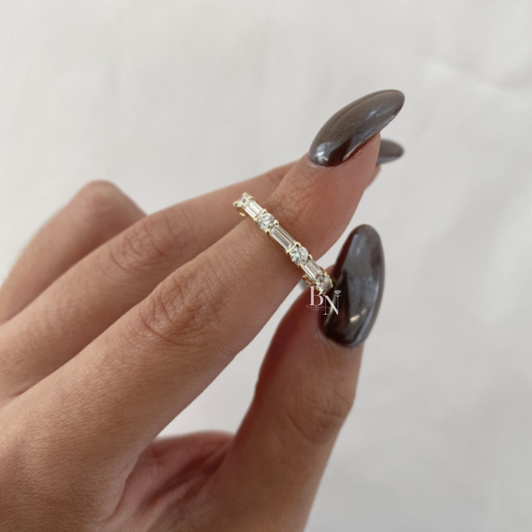 Alternating Round Baguette Lab Diamond Band, 1.63 Carat Shared Prong Ring, Solid Gold Bridal Stacking Ring