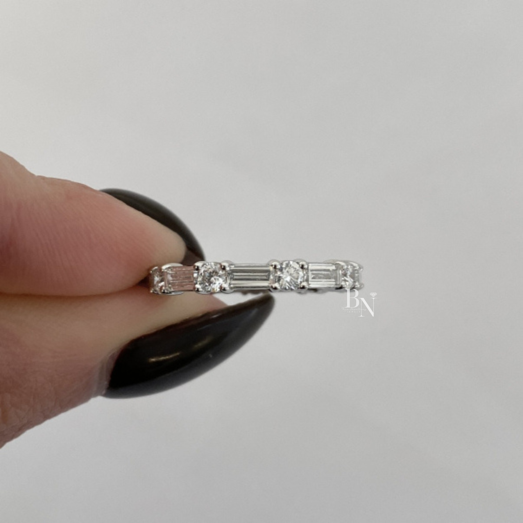 Alternating Round Baguette Lab Diamond Band, 1.63 Carat Shared Prong Ring, Solid Gold Bridal Stacking Ring