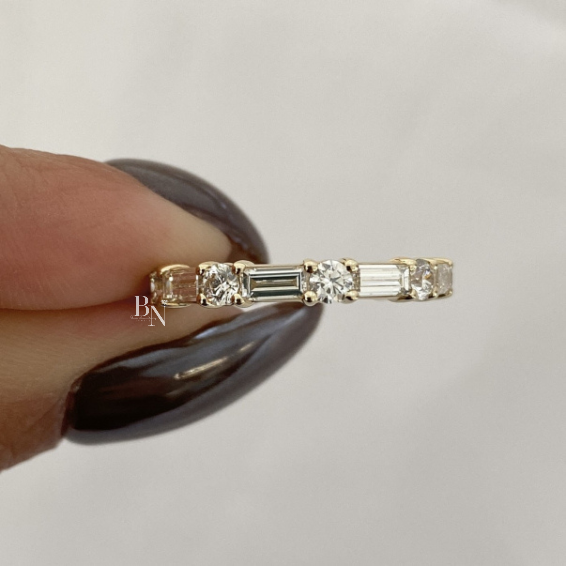 Alternating Round Baguette Lab Diamond Band, 1.63 Carat Shared Prong Ring, Solid Gold Bridal Stacking Ring