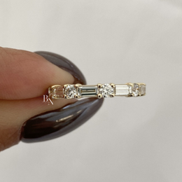 Alternating Round Baguette Lab Diamond Band, 1.63 Carat Shared Prong Ring, Solid Gold Bridal Stacking Ring