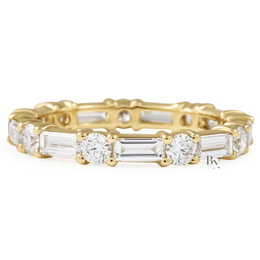 Alternating Round Baguette Lab Diamond Band, 1.63 Carat Shared Prong Ring, Solid Gold Bridal Stacking Ring