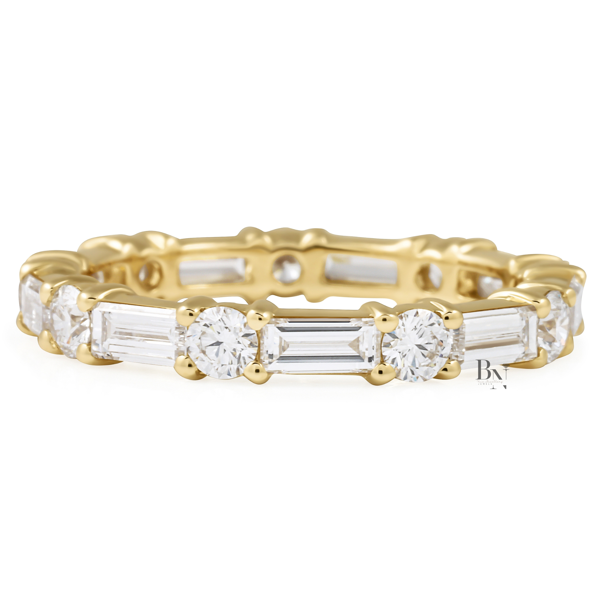 Alternating Round Baguette Lab Diamond Band, 1.63 Carat Shared Prong Ring, Solid Gold Bridal Stacking Ring