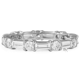Alternating Round Baguette Lab Diamond Band, 1.63 Carat Shared Prong Ring, Solid Gold Bridal Stacking Ring