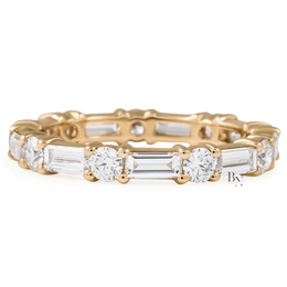 Alternating Round Baguette Lab Diamond Band, 1.63 Carat Shared Prong Ring, Solid Gold Bridal Stacking Ring