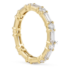 Alternating Round Baguette Lab Diamond Band, 1.63 Carat Shared Prong Ring, Solid Gold Bridal Stacking Ring