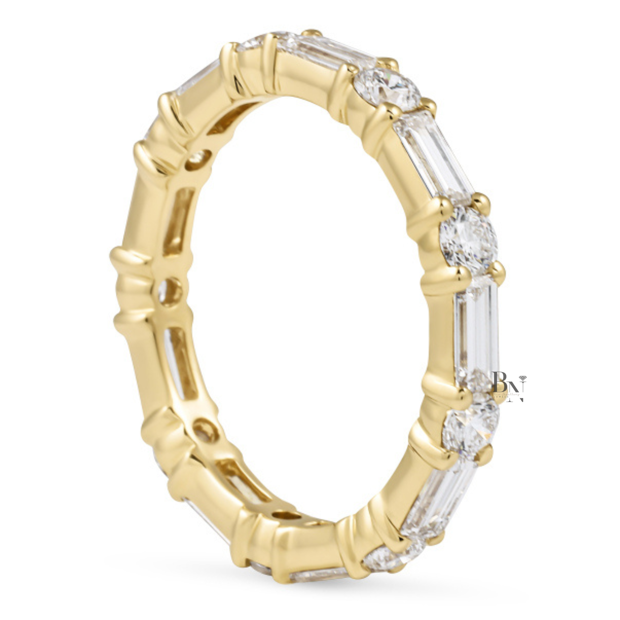 Alternating Round Baguette Lab Diamond Band, 1.63 Carat Shared Prong Ring, Solid Gold Bridal Stacking Ring