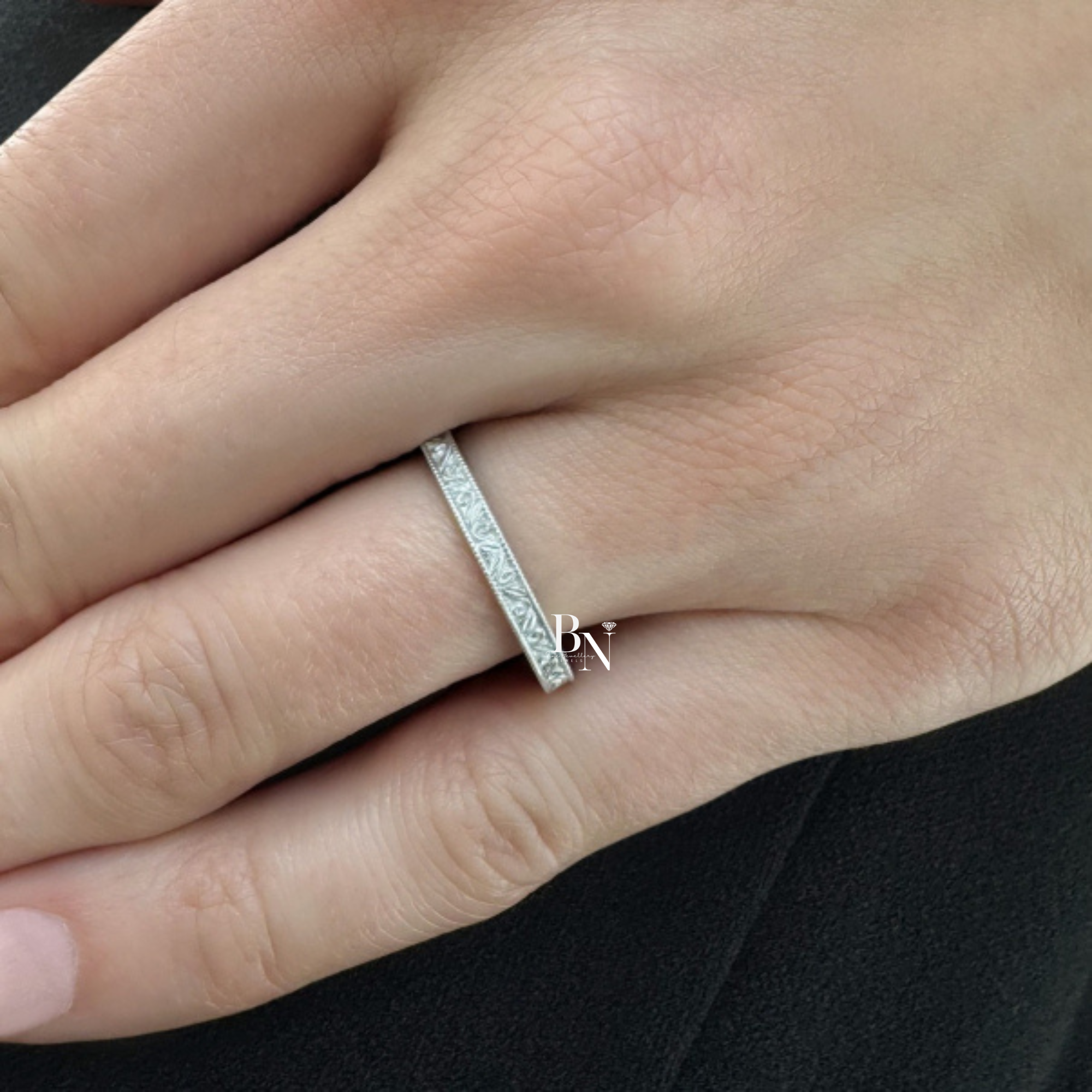 Vintage Engraved Gold Band, 2.2mm Milgrain Scroll Ring, 14K Solid Gold Bridal Stacking Band