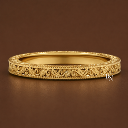 Vintage Engraved Gold Band, 2.2mm Milgrain Scroll Ring, 14K Solid Gold Bridal Stacking Band