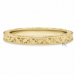 Vintage Engraved Gold Band, 2.2mm Milgrain Scroll Ring, 14K Solid Gold Bridal Stacking Band