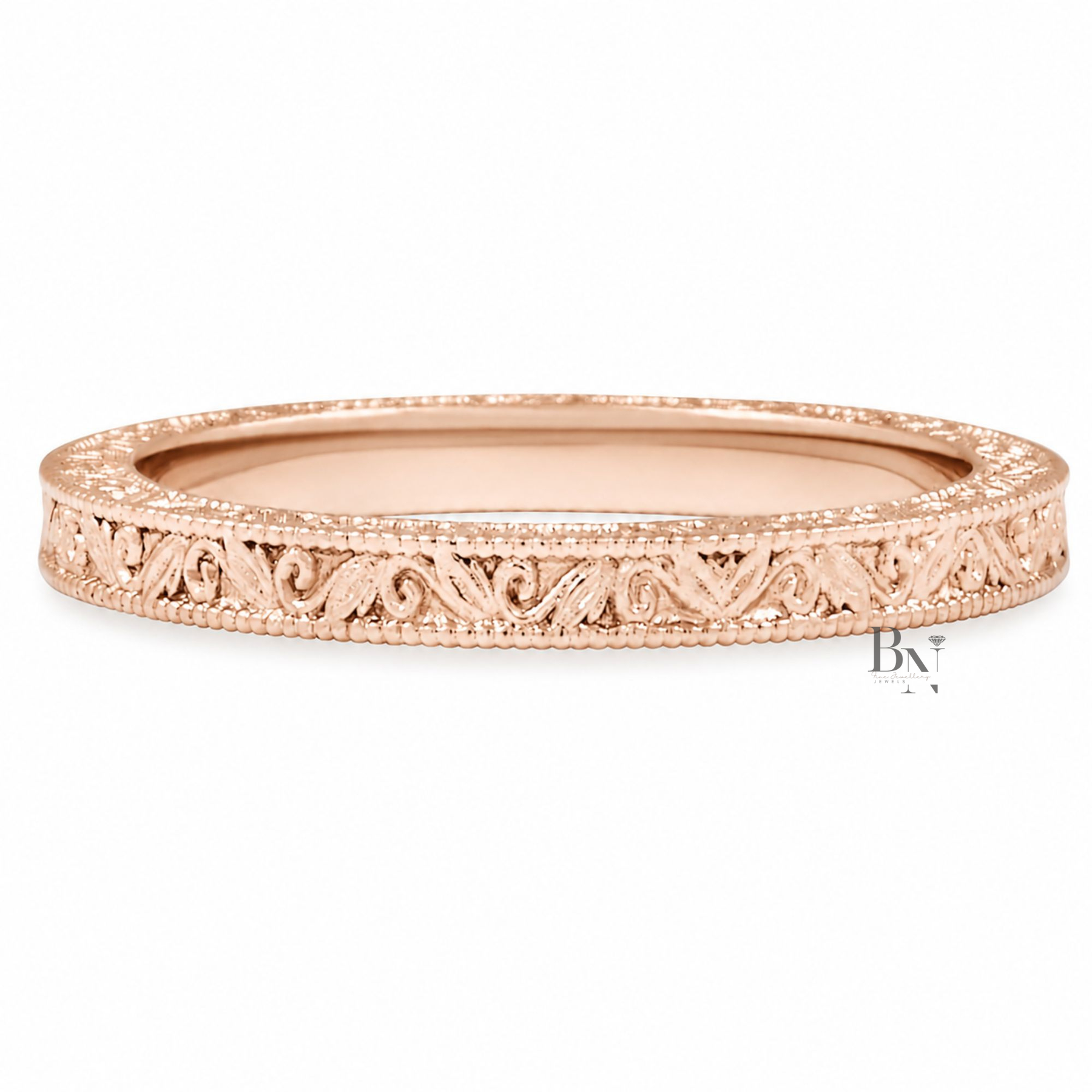 Vintage Engraved Gold Band, 2.2mm Milgrain Scroll Ring, 14K Solid Gold Bridal Stacking Band