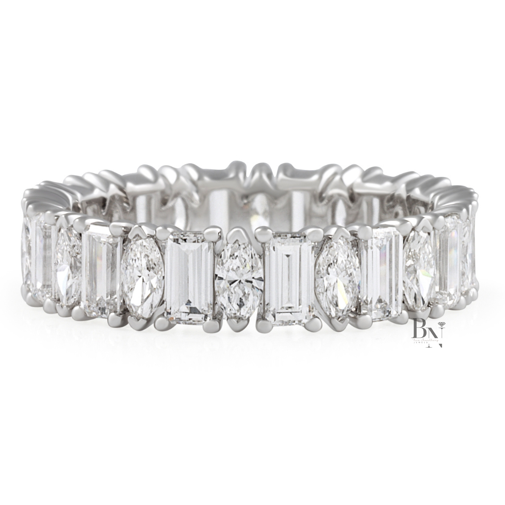 Marquise and Baguette Lab Diamond Band, 2.60 Carat Closed Basket Ring, 14K Gold Alternating Bridal