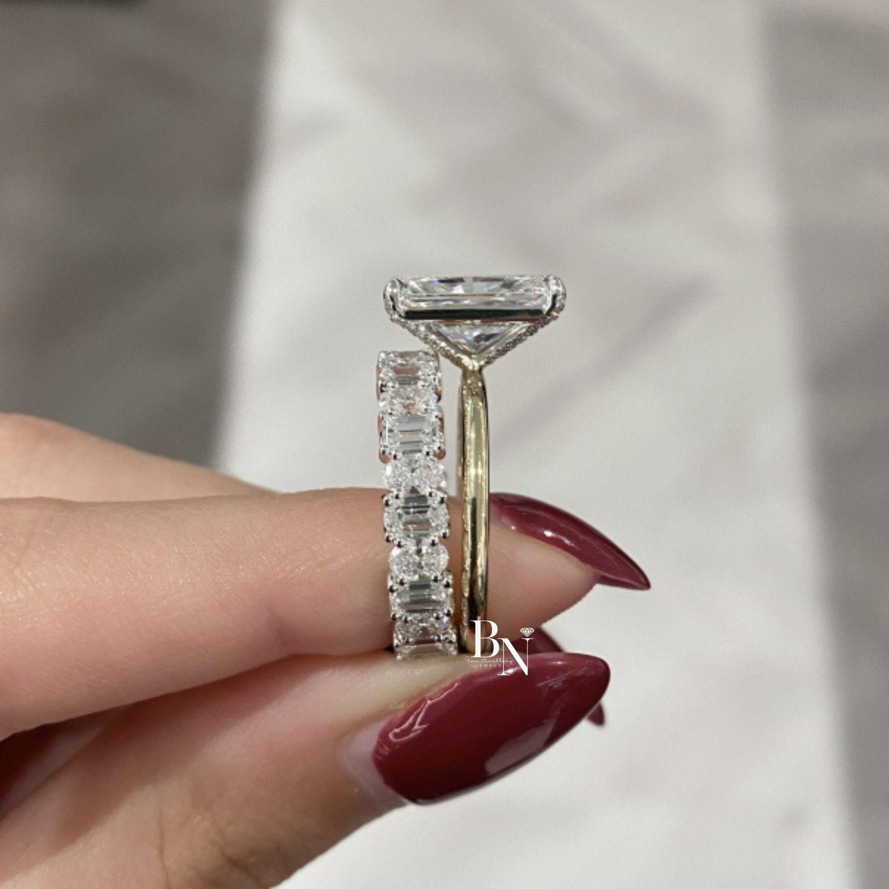 Alternating Oval and Emerald Lab Diamond Band, 2.94 Carat U Prong Ring, Solid Gold Bridal Stacking Ring