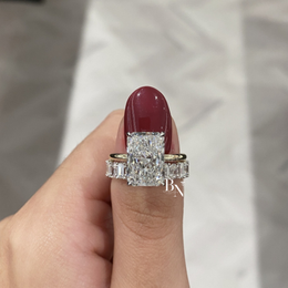 Alternating Oval and Emerald Lab Diamond Band, 2.94 Carat U Prong Ring, Solid Gold Bridal Stacking Ring