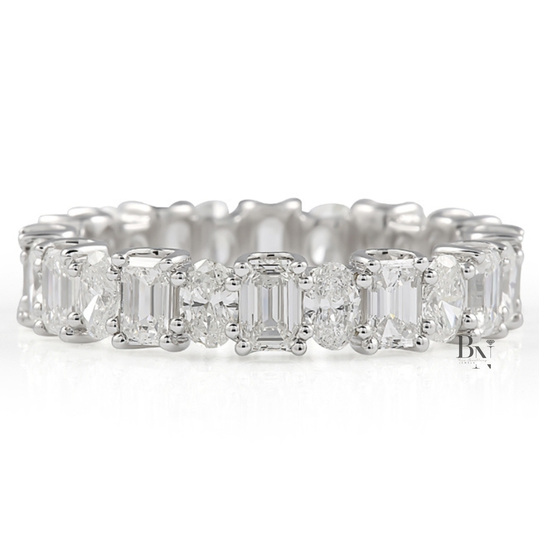 Alternating Oval and Emerald Lab Diamond Band, 2.94 Carat U Prong Ring, Solid Gold Bridal Stacking Ring