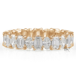 Alternating Oval and Emerald Lab Diamond Band, 2.94 Carat U Prong Ring, Solid Gold Bridal Stacking Ring