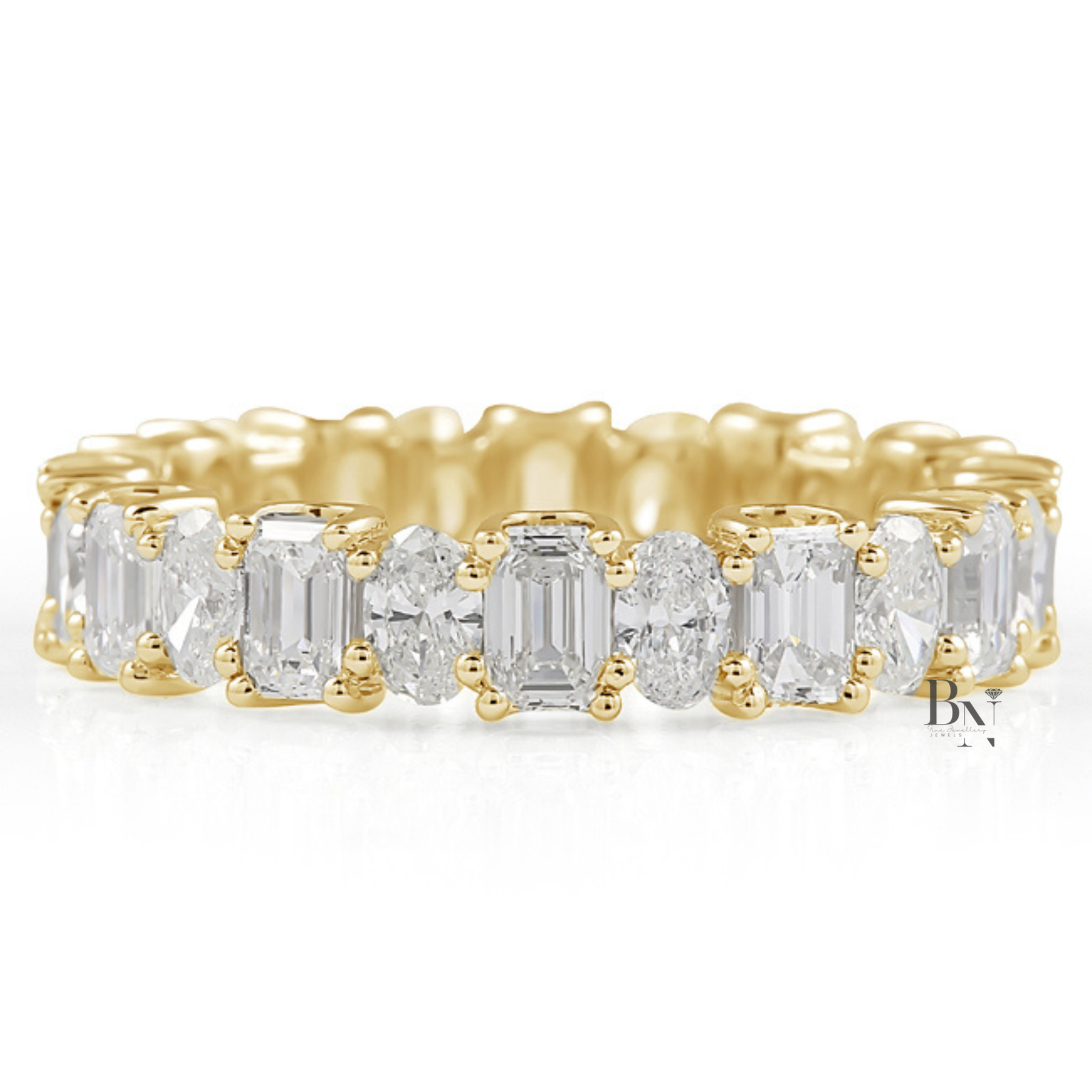 Alternating Oval and Emerald Lab Diamond Band, 2.94 Carat U Prong Ring, Solid Gold Bridal Stacking Ring