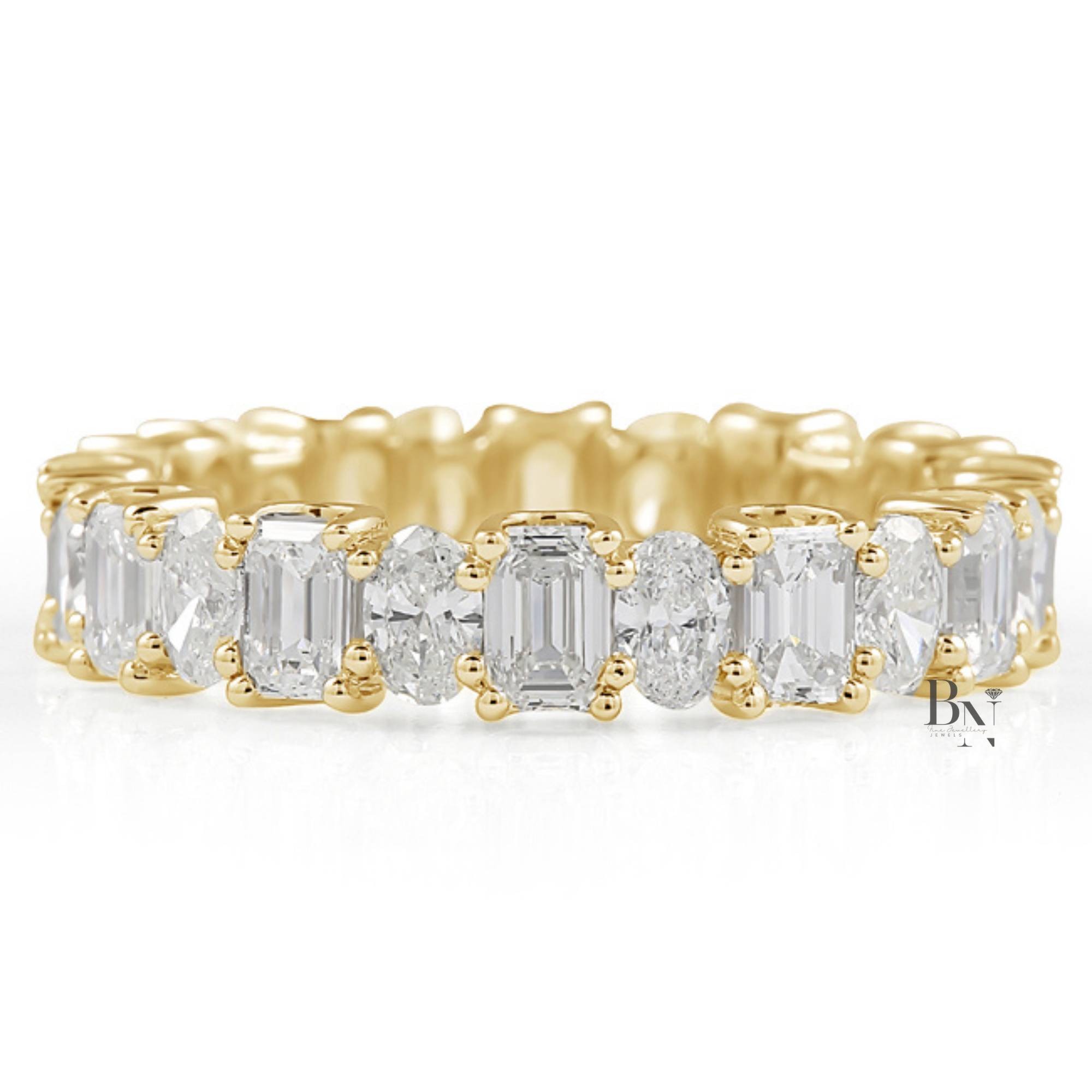 Alternating Oval and Emerald Lab Diamond Band, 2.94 Carat U Prong Ring, Solid Gold Bridal Stacking Ring
