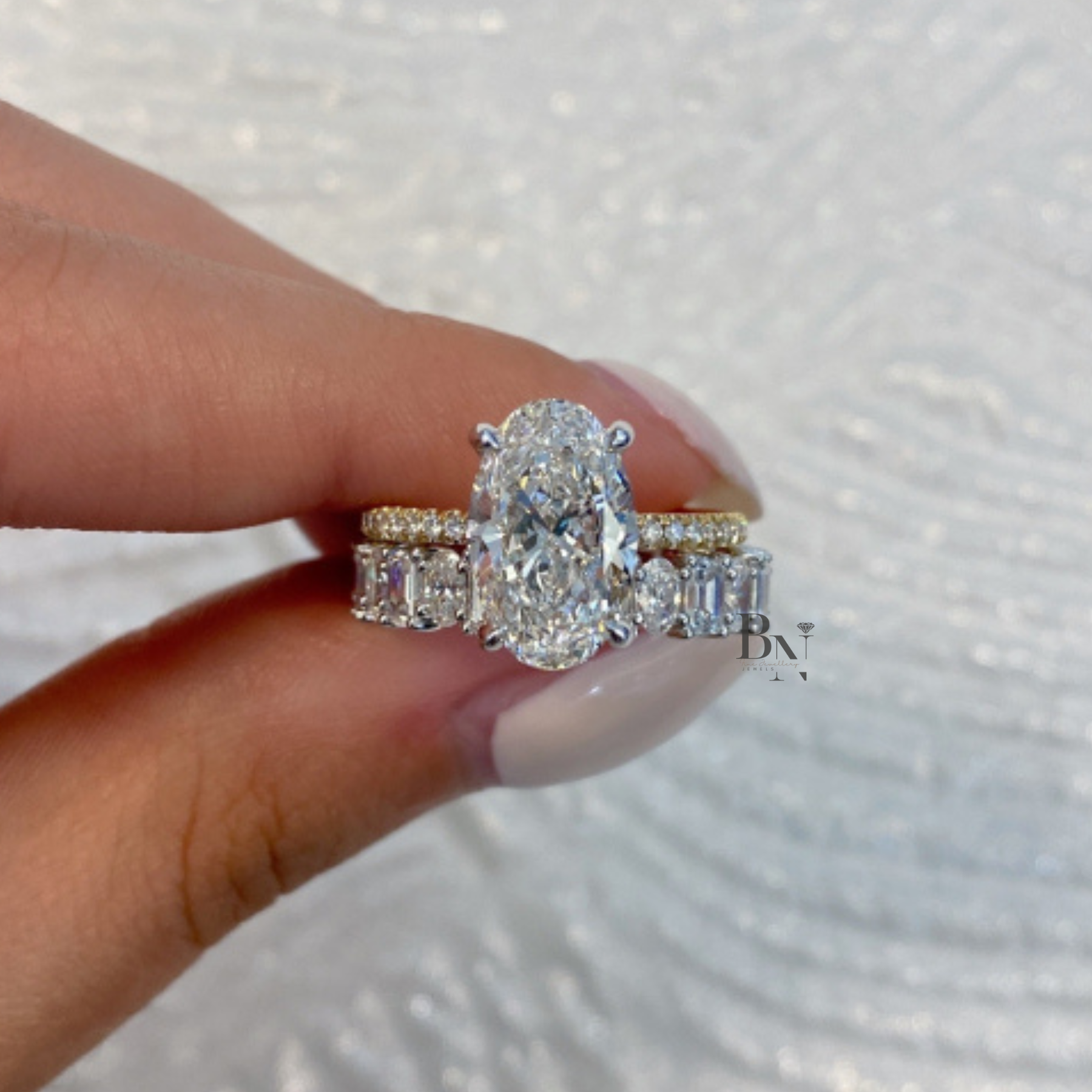 Alternating Oval and Emerald Lab Diamond Band, 2.94 Carat U Prong Ring, Solid Gold Bridal Stacking Ring