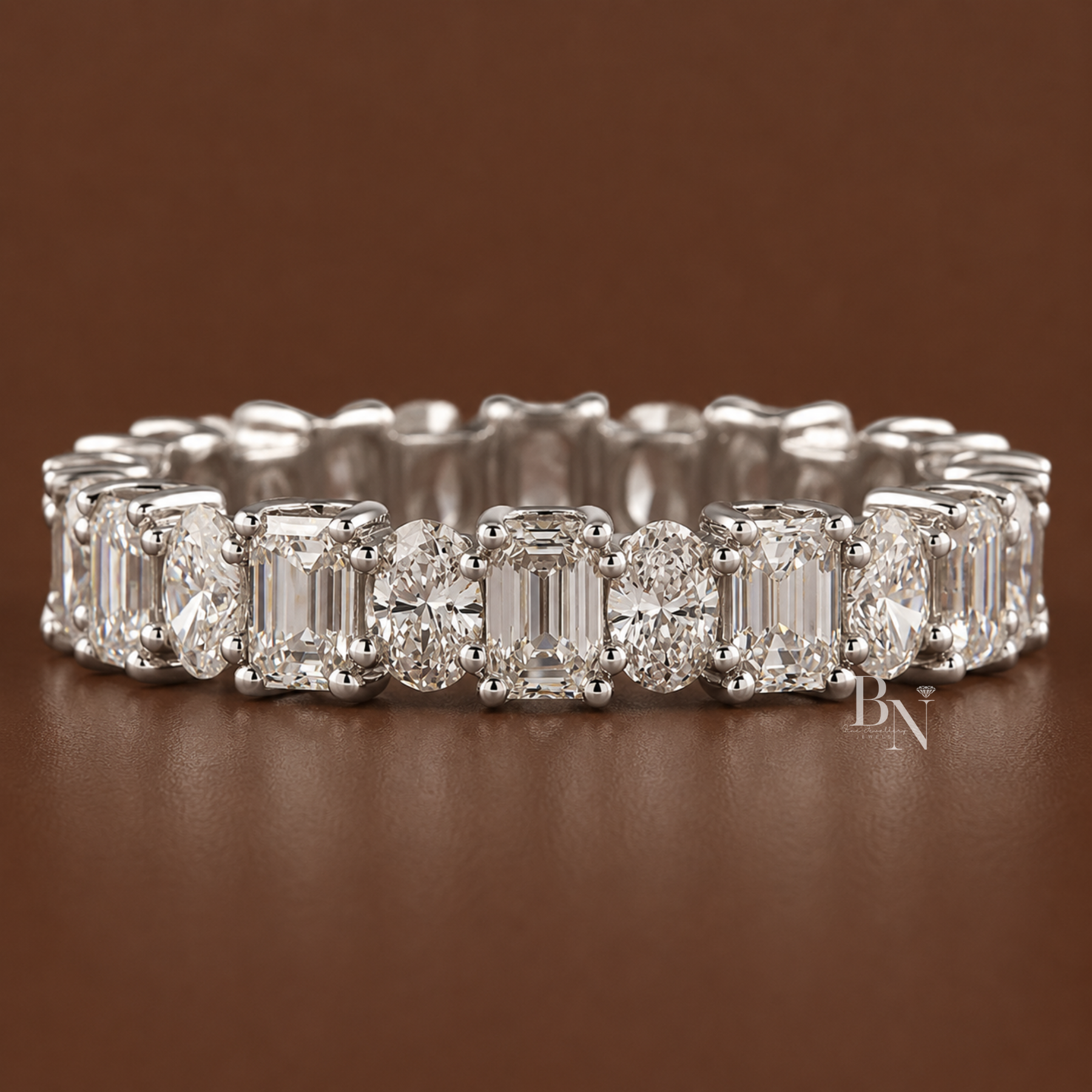 Alternating Oval and Emerald Lab Diamond Band, 2.94 Carat U Prong Ring, Solid Gold Bridal Stacking Ring