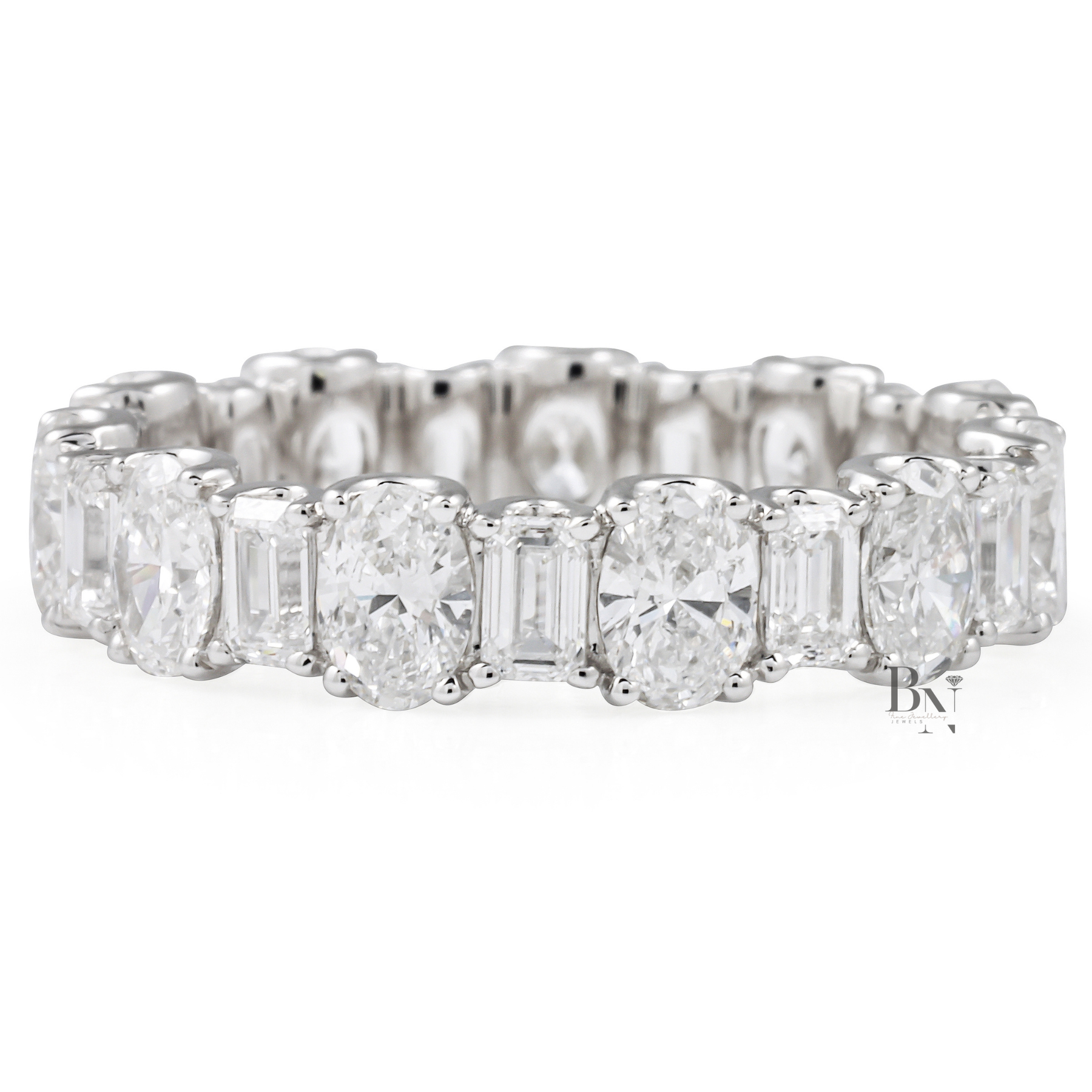 Alternating Oval Emerald Lab Diamond Band, 3 Carat U Prong Eternity Ring, Solid Gold Bridal Anniversary Band