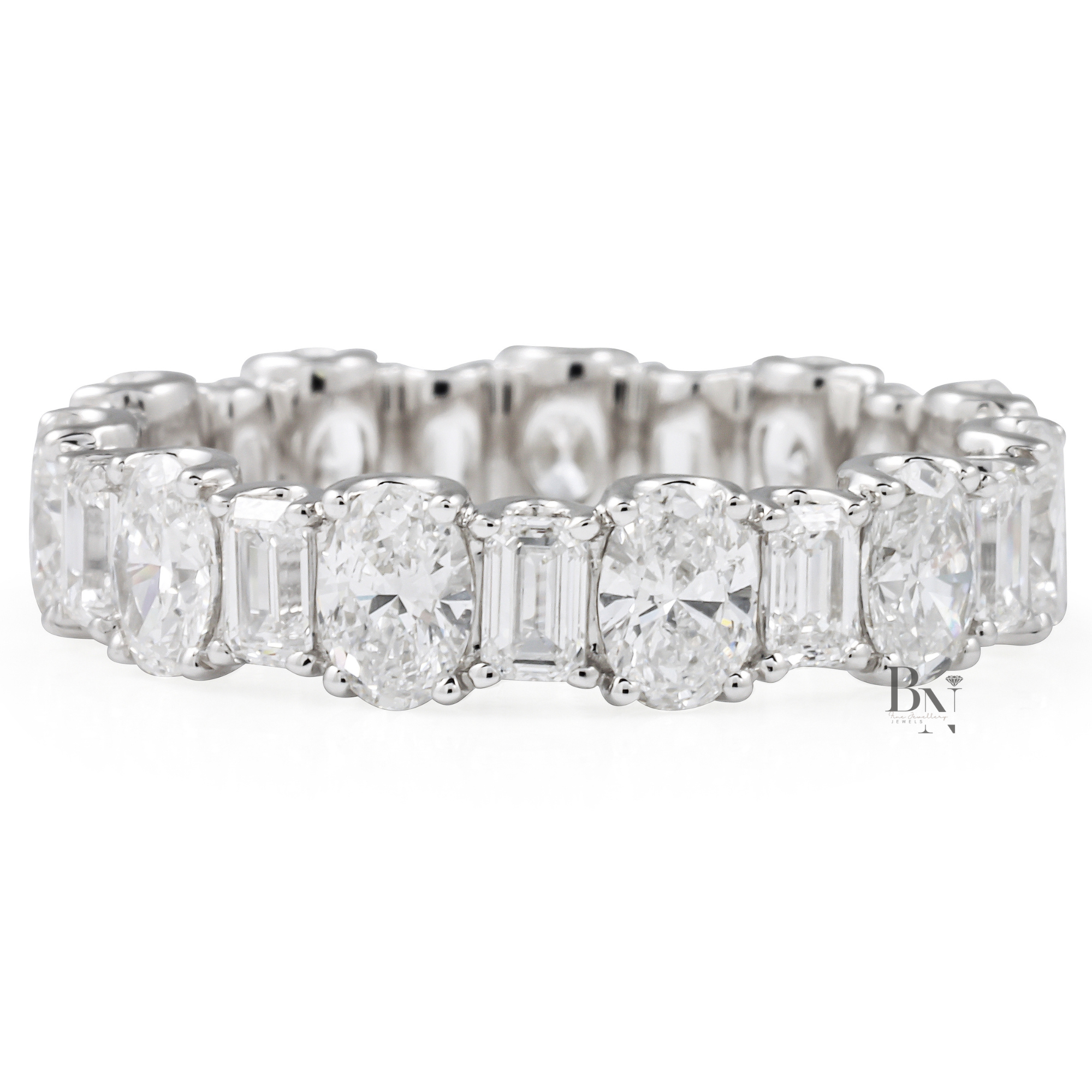 Alternating Oval Emerald Lab Diamond Band, 3 Carat U Prong Eternity Ring, Solid Gold Bridal Anniversary Band