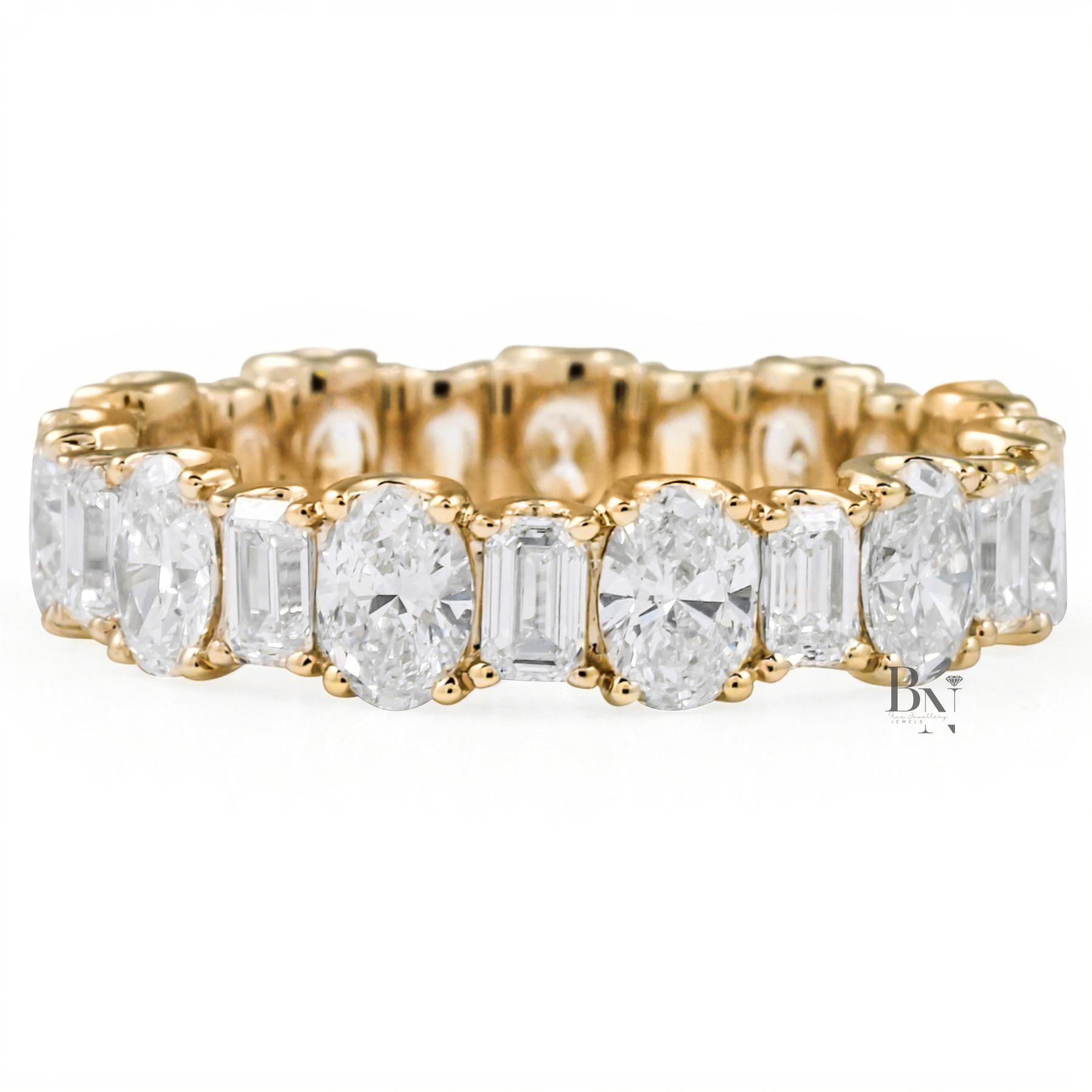 Alternating Oval Emerald Lab Diamond Band, 3 Carat U Prong Eternity Ring, Solid Gold Bridal Anniversary Band