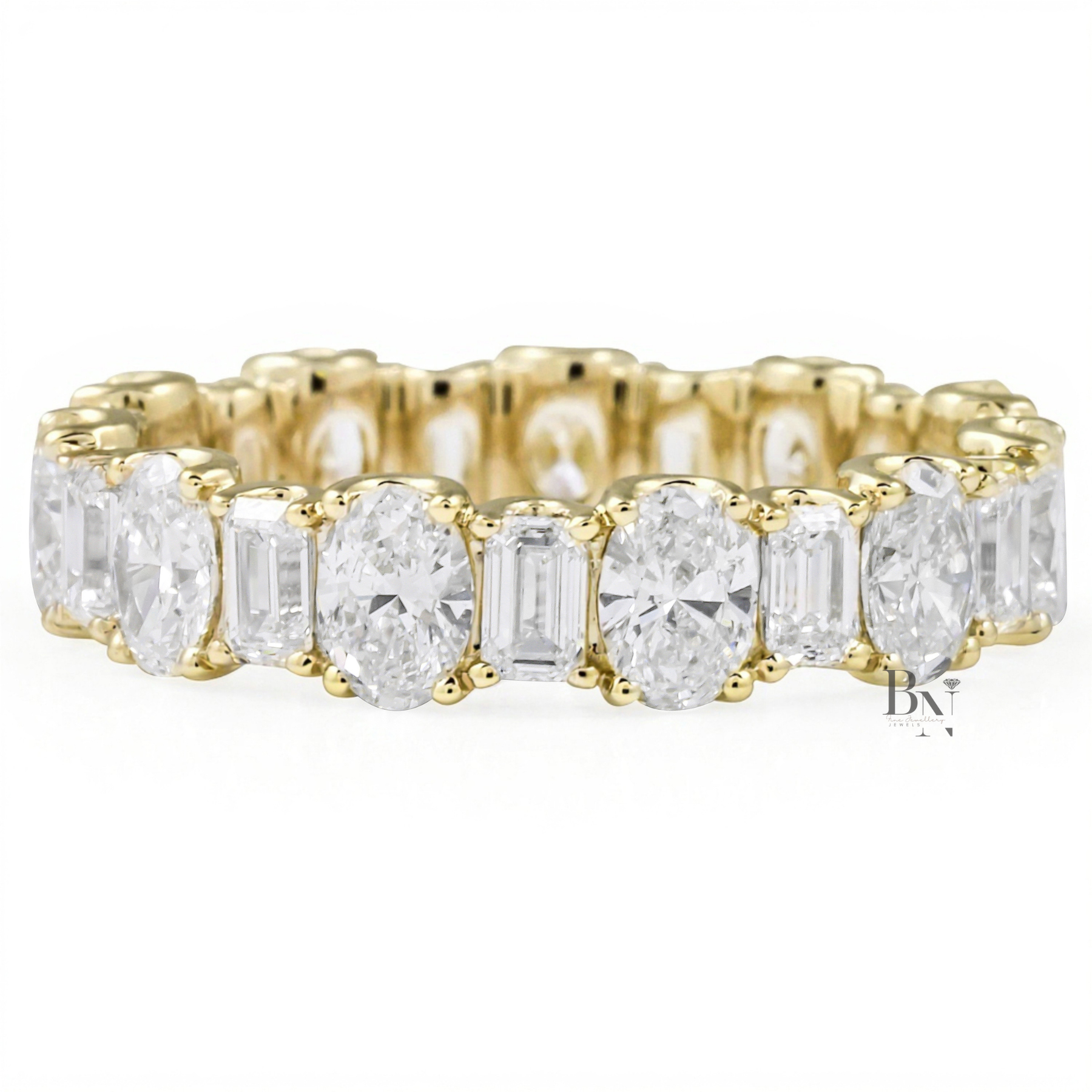 Alternating Oval Emerald Lab Diamond Band, 3 Carat U Prong Eternity Ring, Solid Gold Bridal Anniversary Band