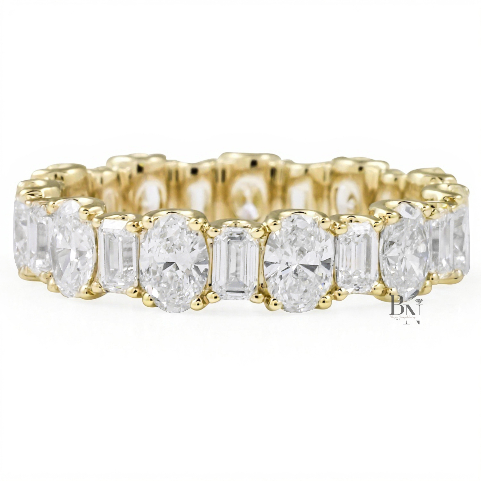 Alternating Oval Emerald Lab Diamond Band, 3 Carat U Prong Eternity Ring, Solid Gold Bridal Anniversary Band