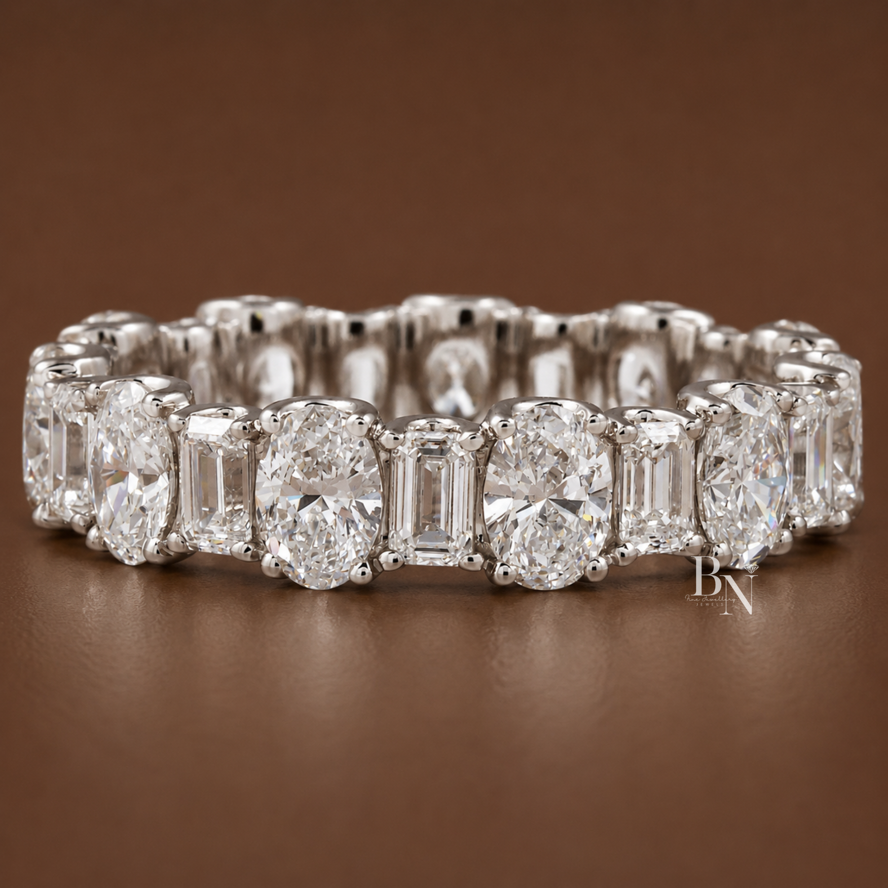 Alternating Oval Emerald Lab Diamond Band, 3 Carat U Prong Eternity Ring, Solid Gold Bridal Anniversary Band