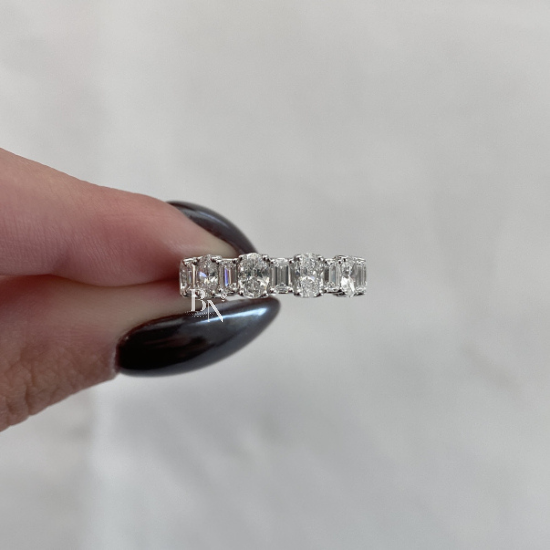 Alternating Oval Emerald Lab Diamond Band, 3 Carat U Prong Eternity Ring, Solid Gold Bridal Anniversary Band