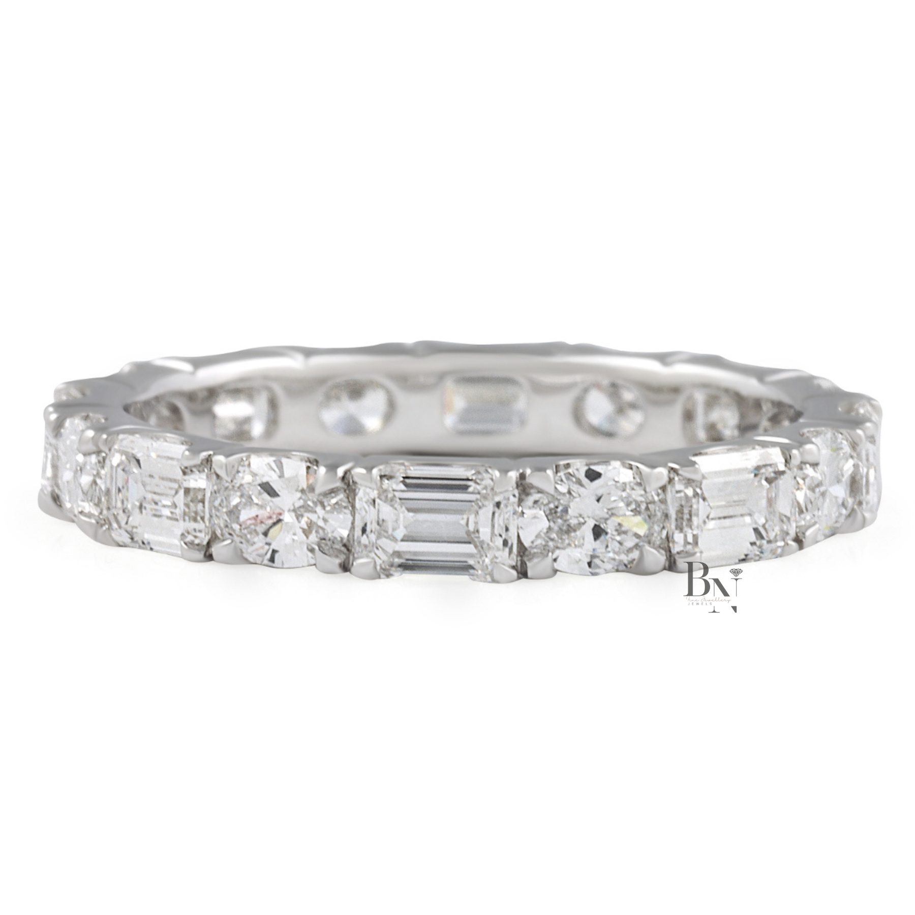Alternating East West Diamond Band, 2 Carat Oval Emerald Ring, 14K Gold U Prong Bridal Eternity Band