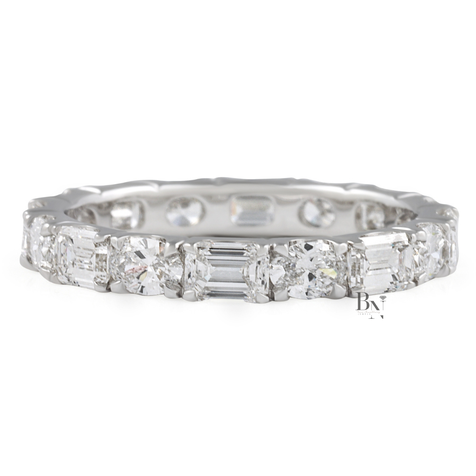 Alternating East West Diamond Band, 2 Carat Oval Emerald Ring, 14K Gold U Prong Bridal Eternity Band