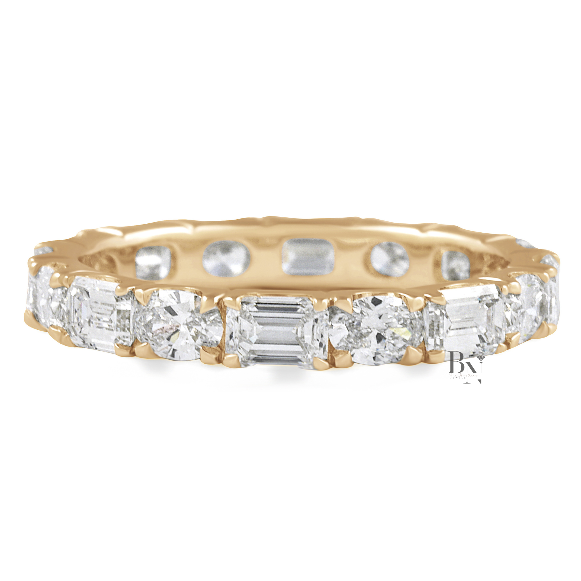 Alternating East West Diamond Band, 2 Carat Oval Emerald Ring, 14K Gold U Prong Bridal Eternity Band