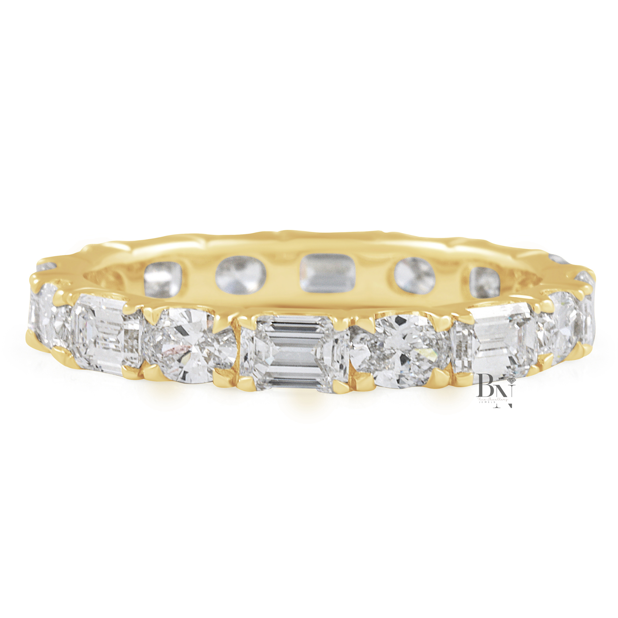 Alternating East West Diamond Band, 2 Carat Oval Emerald Ring, 14K Gold U Prong Bridal Eternity Band