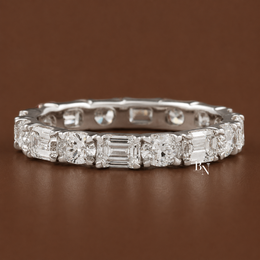 Alternating East West Diamond Band, 2 Carat Oval Emerald Ring, 14K Gold U Prong Bridal Eternity Band