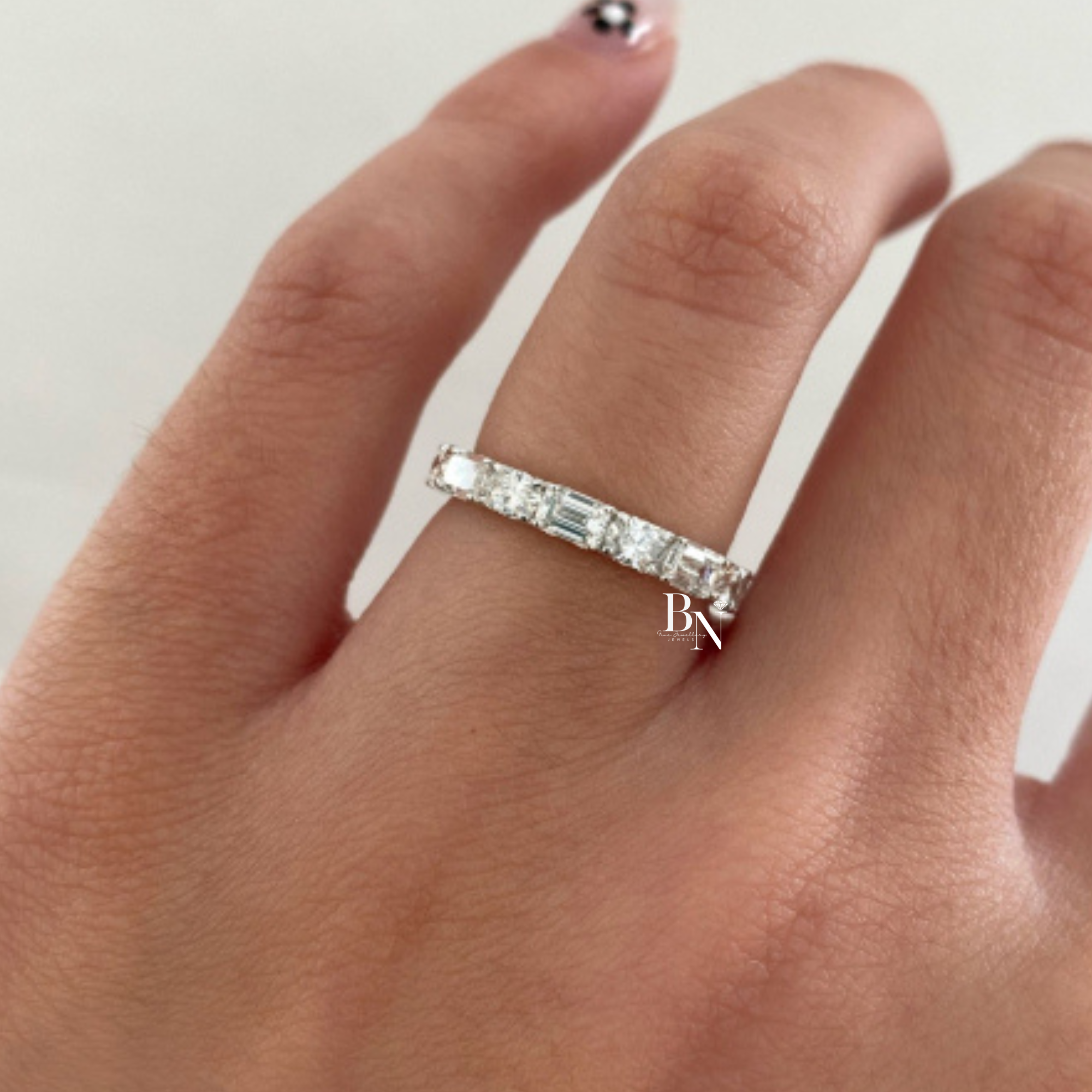 Alternating East West Diamond Band, 2 Carat Oval Emerald Ring, 14K Gold U Prong Bridal Eternity Band