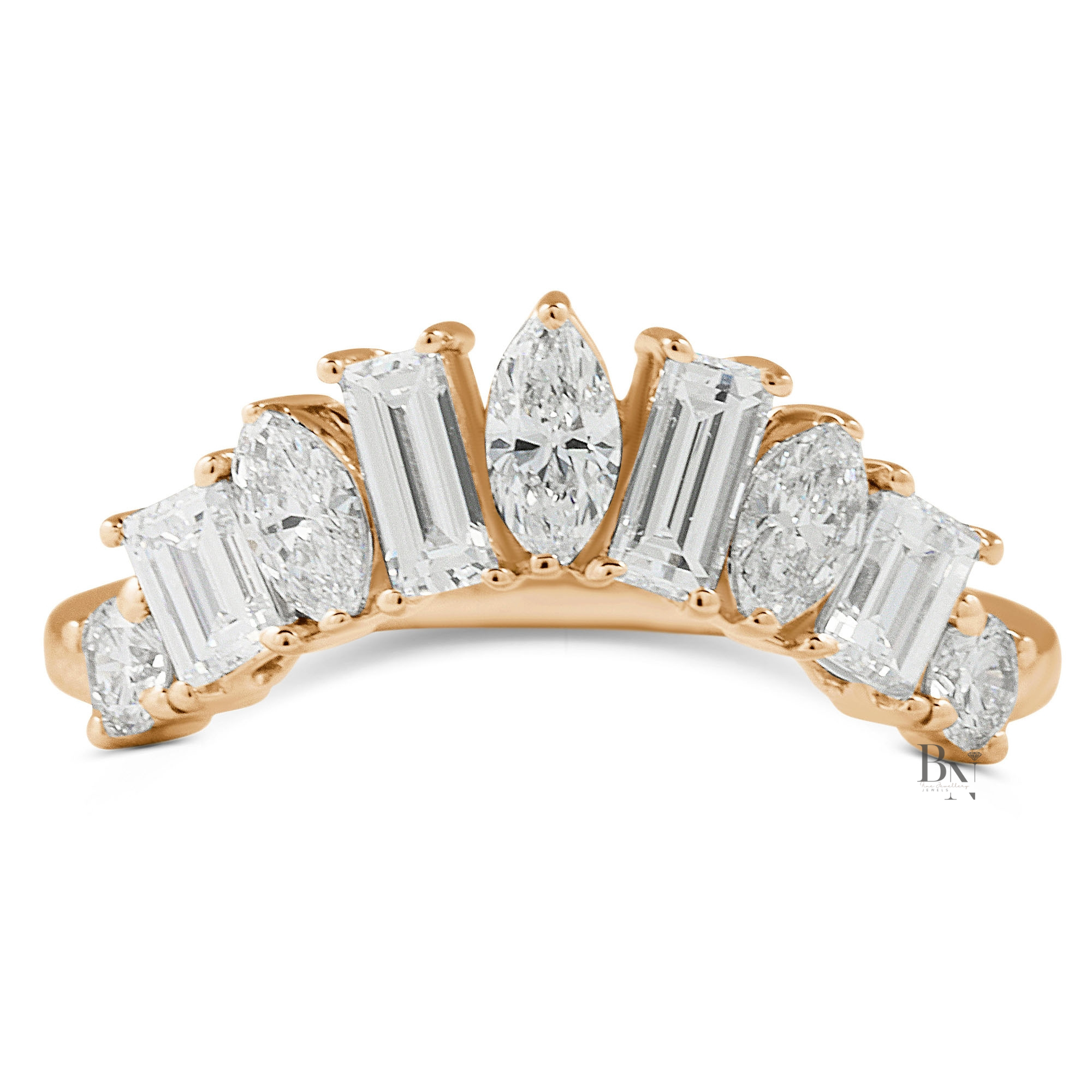 Marquise and Baguette Lab Diamond Band, 0.95 Carat Curved Tiara Ring, 14K Gold Bridal Stacking Wedding Band