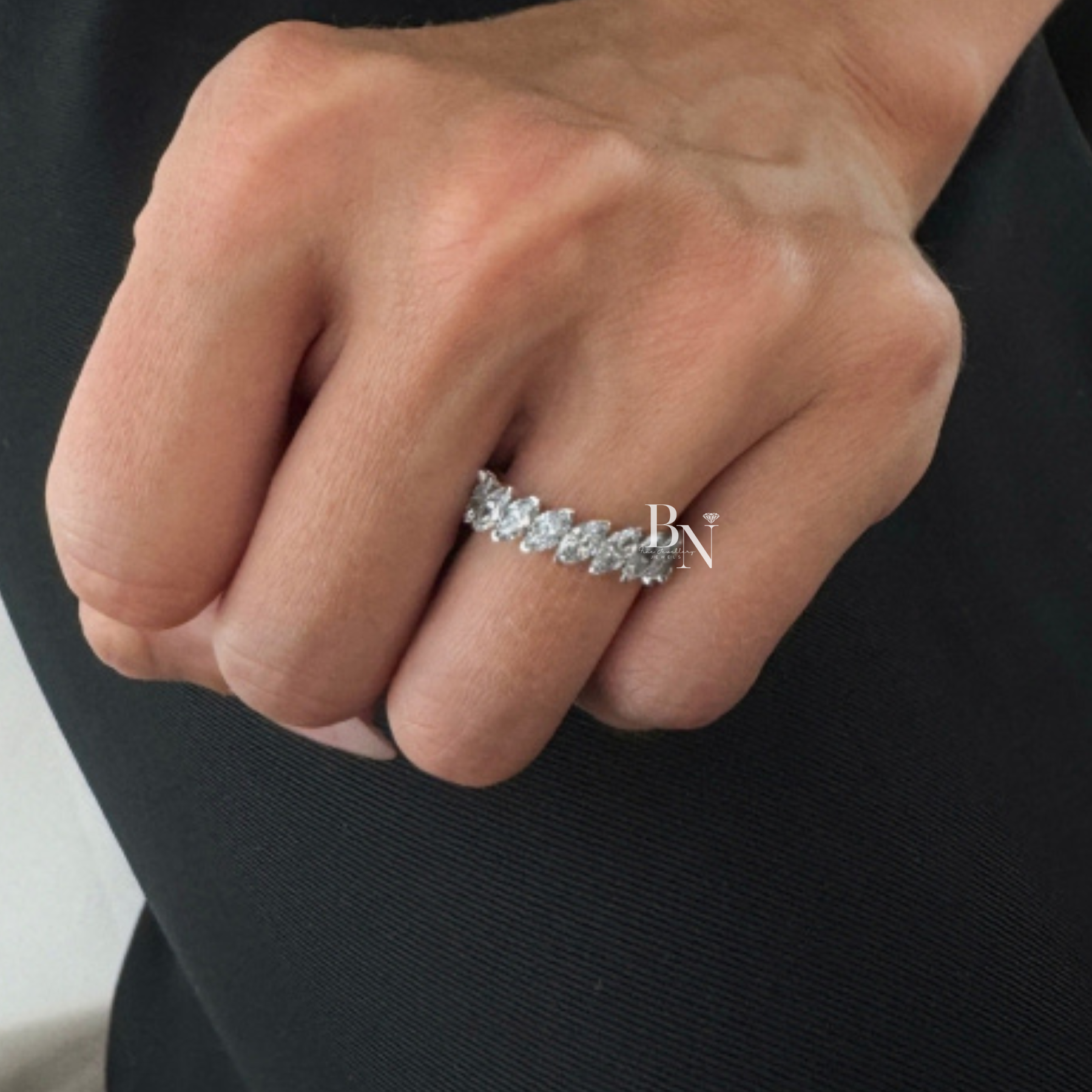 Marquise Lab Diamond Eternity Band, 3 Carat Slanted Basket Ring, 14K Gold Bridal Anniversary Stack