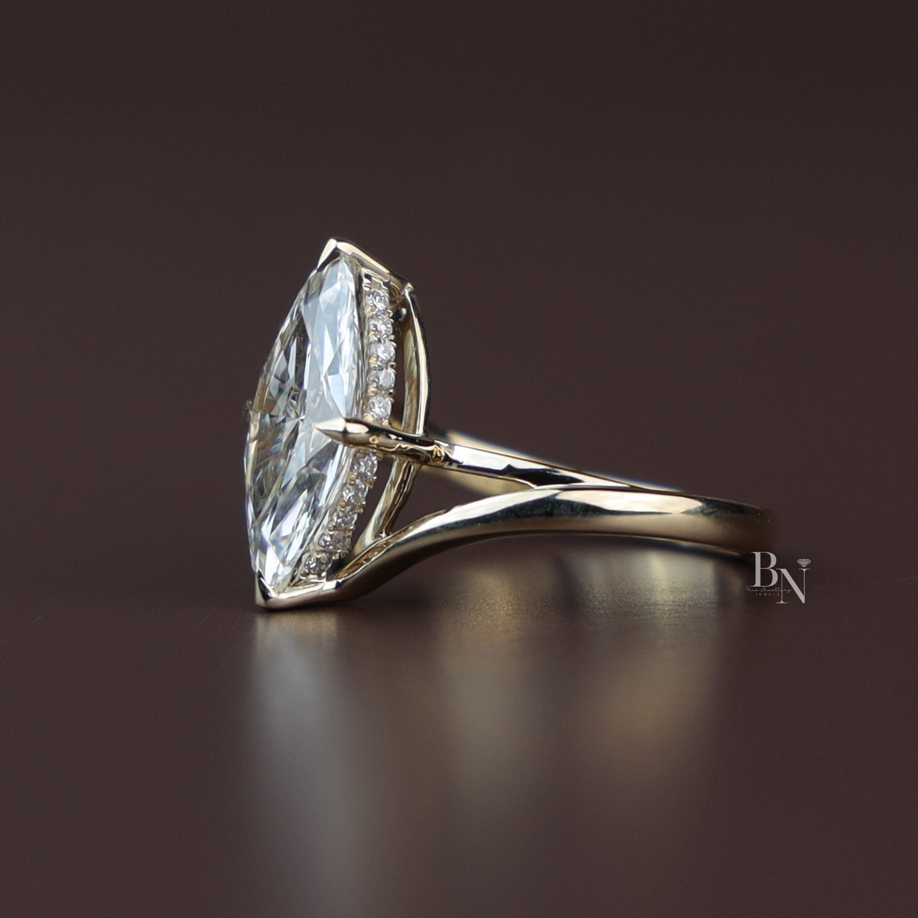 3ct Marquise Cut Lab Grown Diamond Engagement Ring | 14K Gold Split Shank Solitaire | Hidden Halo Accent