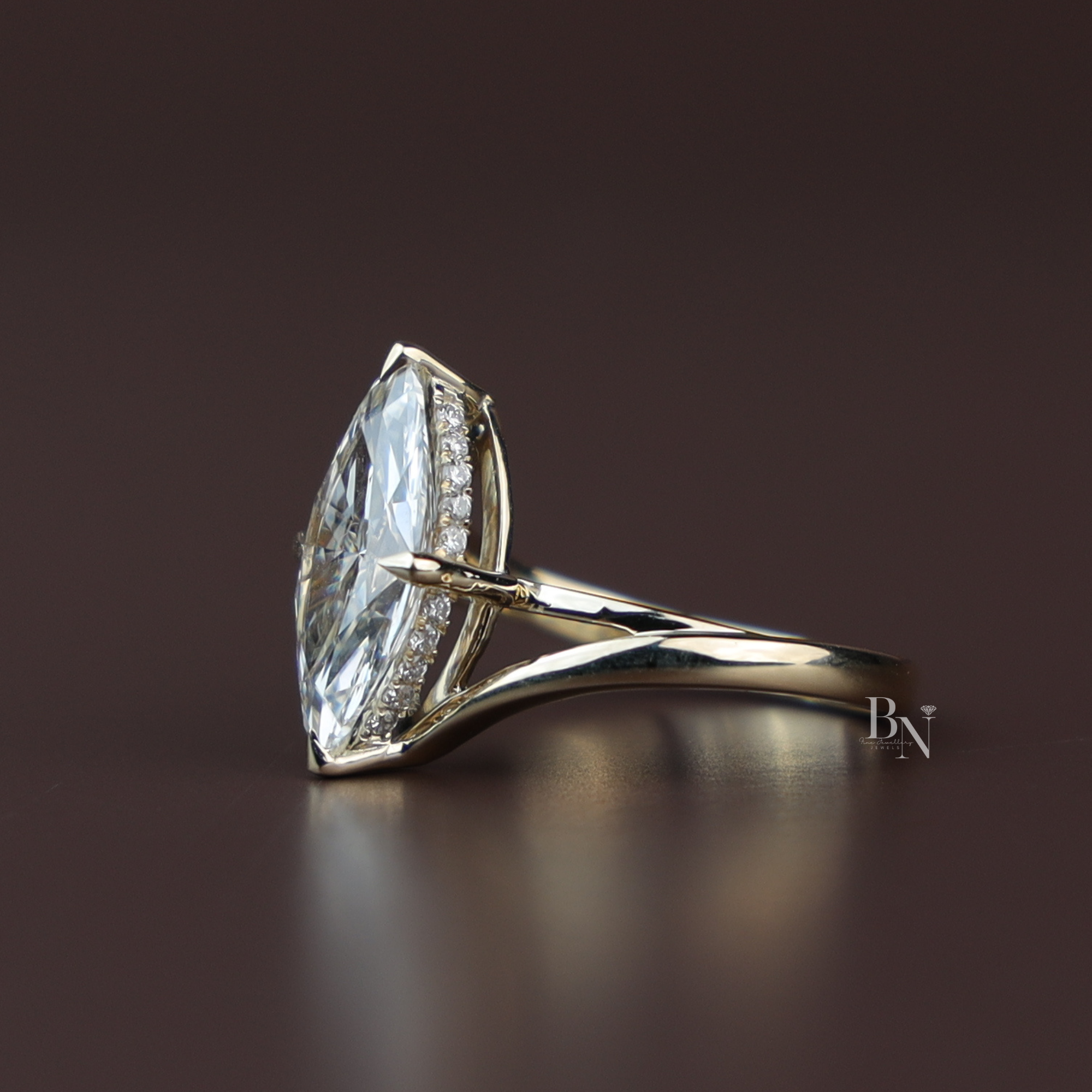 3ct Marquise Cut Lab Grown Diamond Engagement Ring | 14K Gold Split Shank Solitaire | Hidden Halo Accent