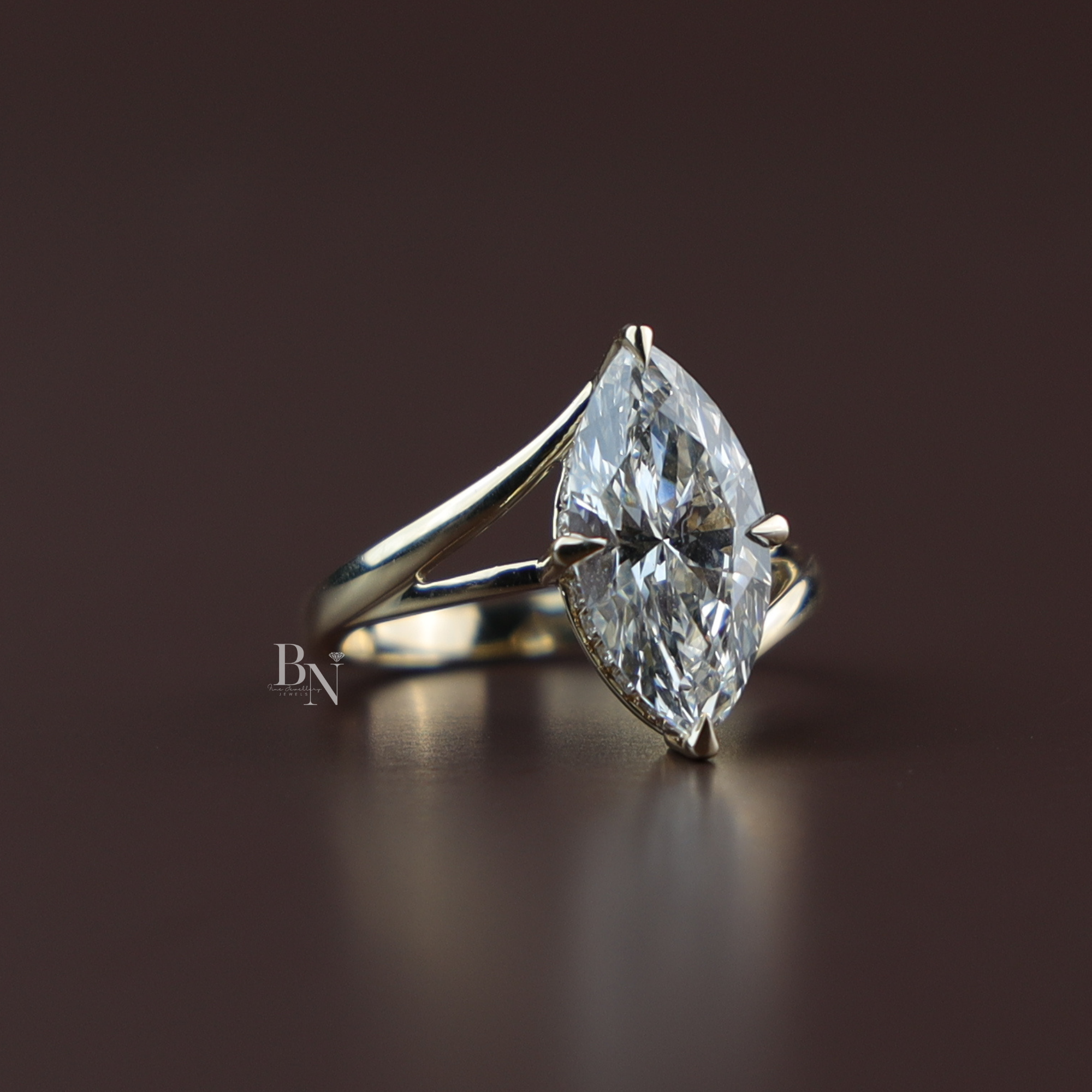 3ct Marquise Cut Lab Grown Diamond Engagement Ring | 14K Gold Split Shank Solitaire | Hidden Halo Accent