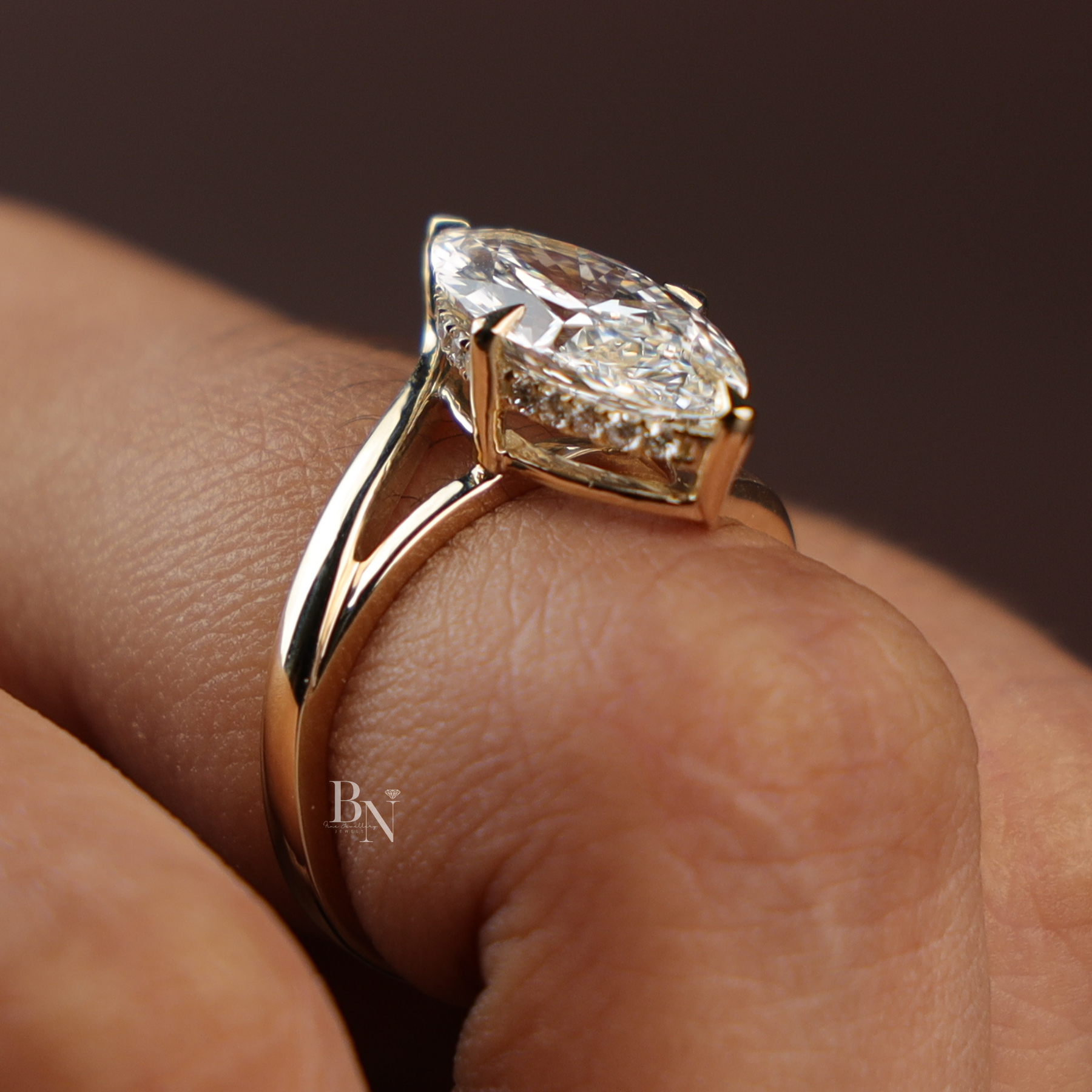 3ct Marquise Cut Lab Grown Diamond Engagement Ring | 14K Gold Split Shank Solitaire | Hidden Halo Accent